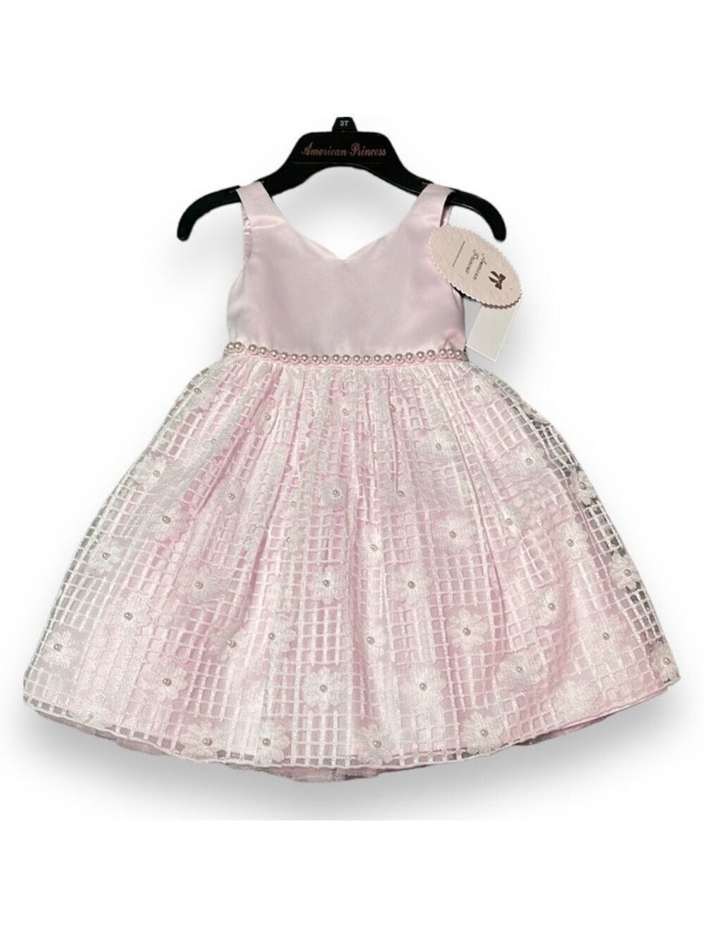 American Princess Pink/Blush Tiered Party Dress 3T White Lace Overlay w/ Pearls